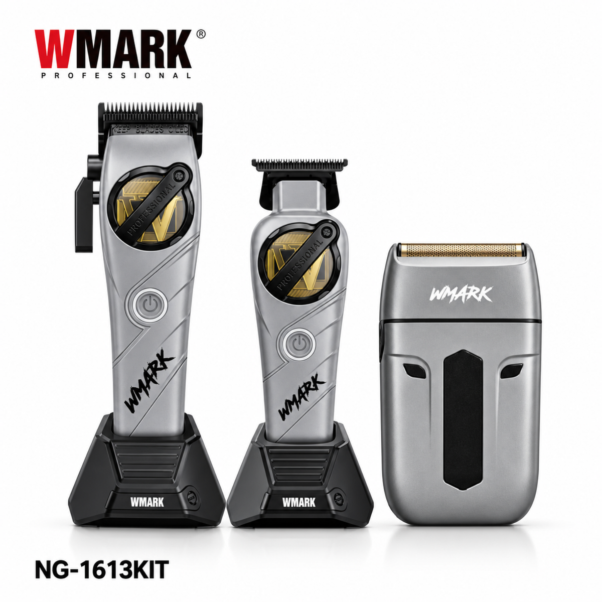 Kit Profesional de Barbería WMARK NG-1613 3 en 1 Gris – Cortapelo, Patillera y Afeitadora