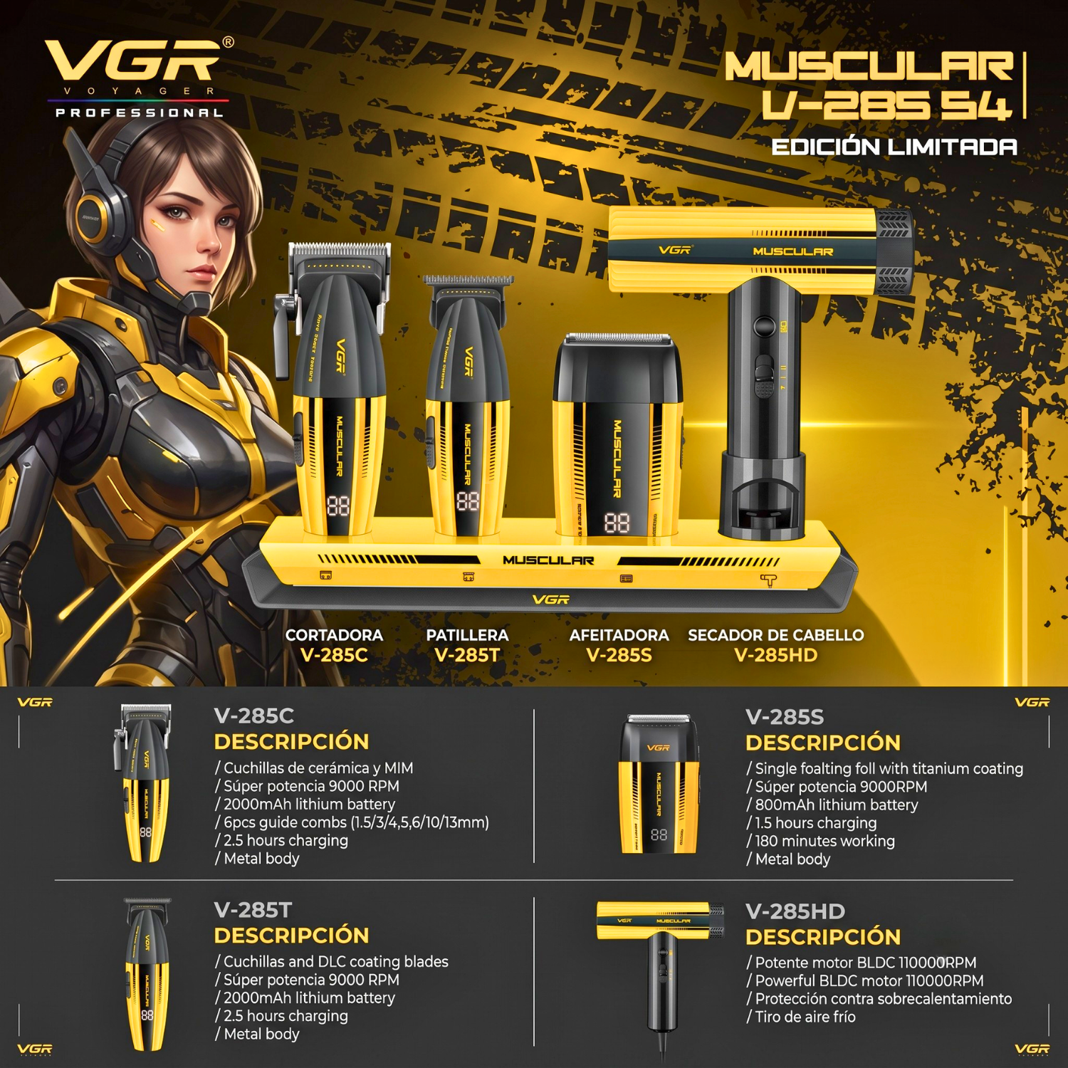 Combo Muscular Set 4 en 1 VGR V-285 S4 Profesional 9000 RPM Motor BLDC