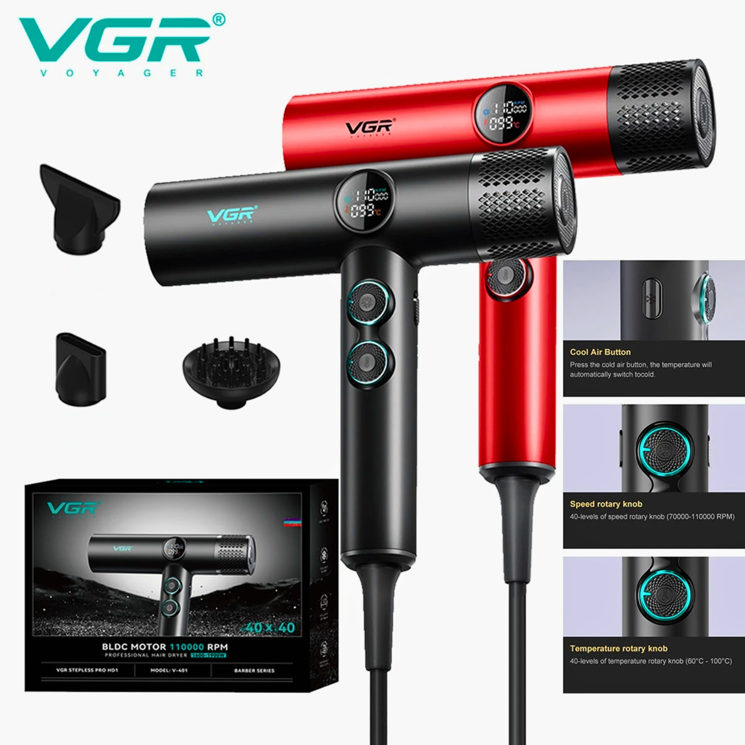 Secador De Pelo VGR Profesional V-401 110000rpm Frío Calor