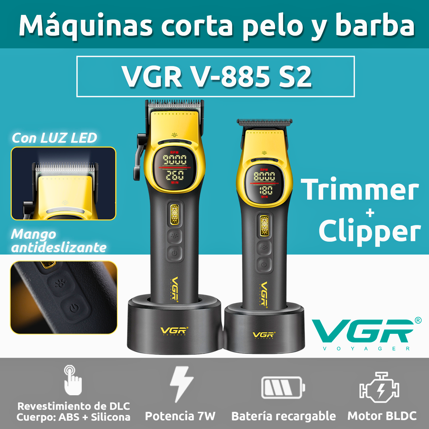 Barber Combo VGR Maquina Cortar Pelo Clipper + Trimmer Vgr V-885 S2 MALETA