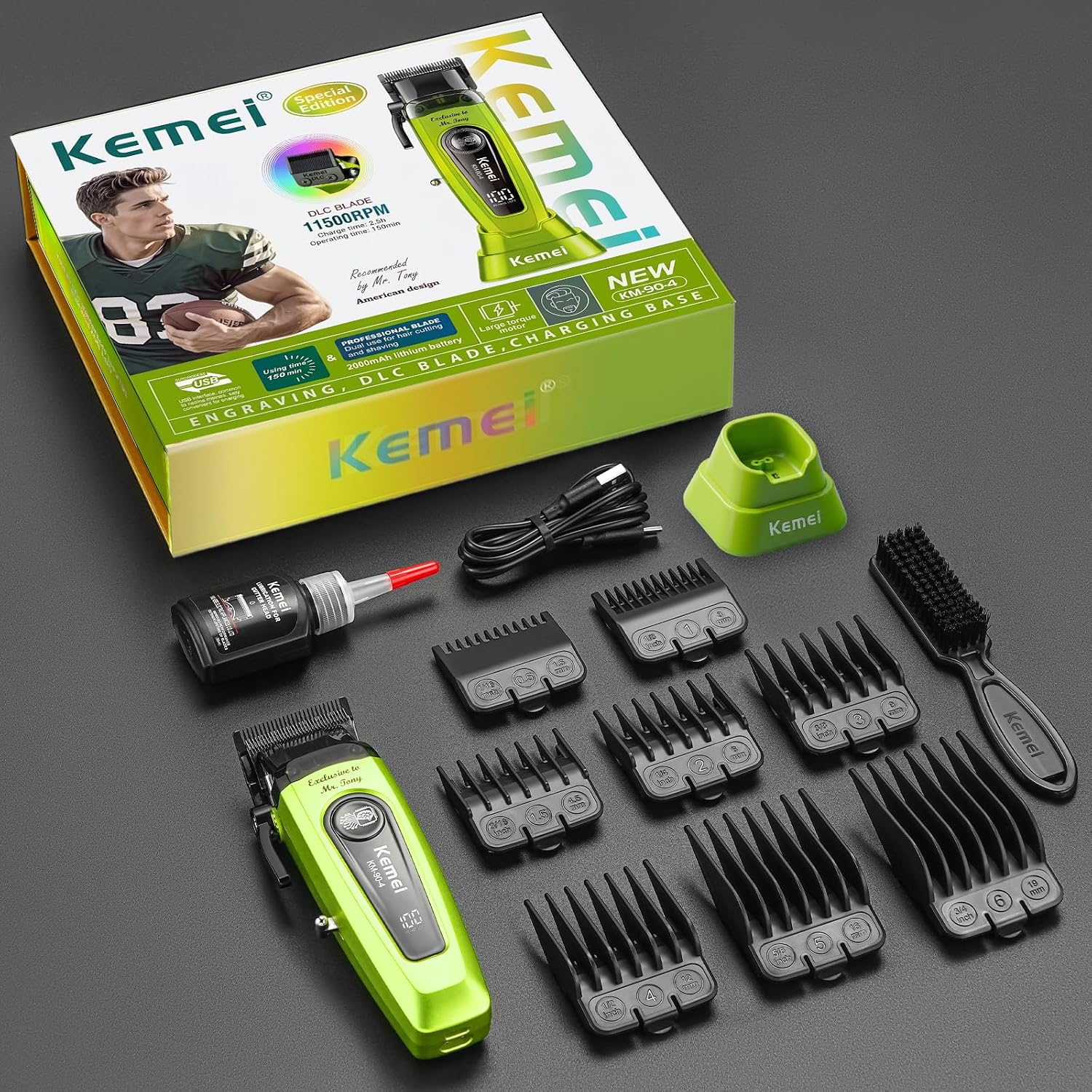 Máquina Cortadora De Pelo Kemei Km-90-4 11500 Rpm Cuchilla Dlc Verde Edición Especial