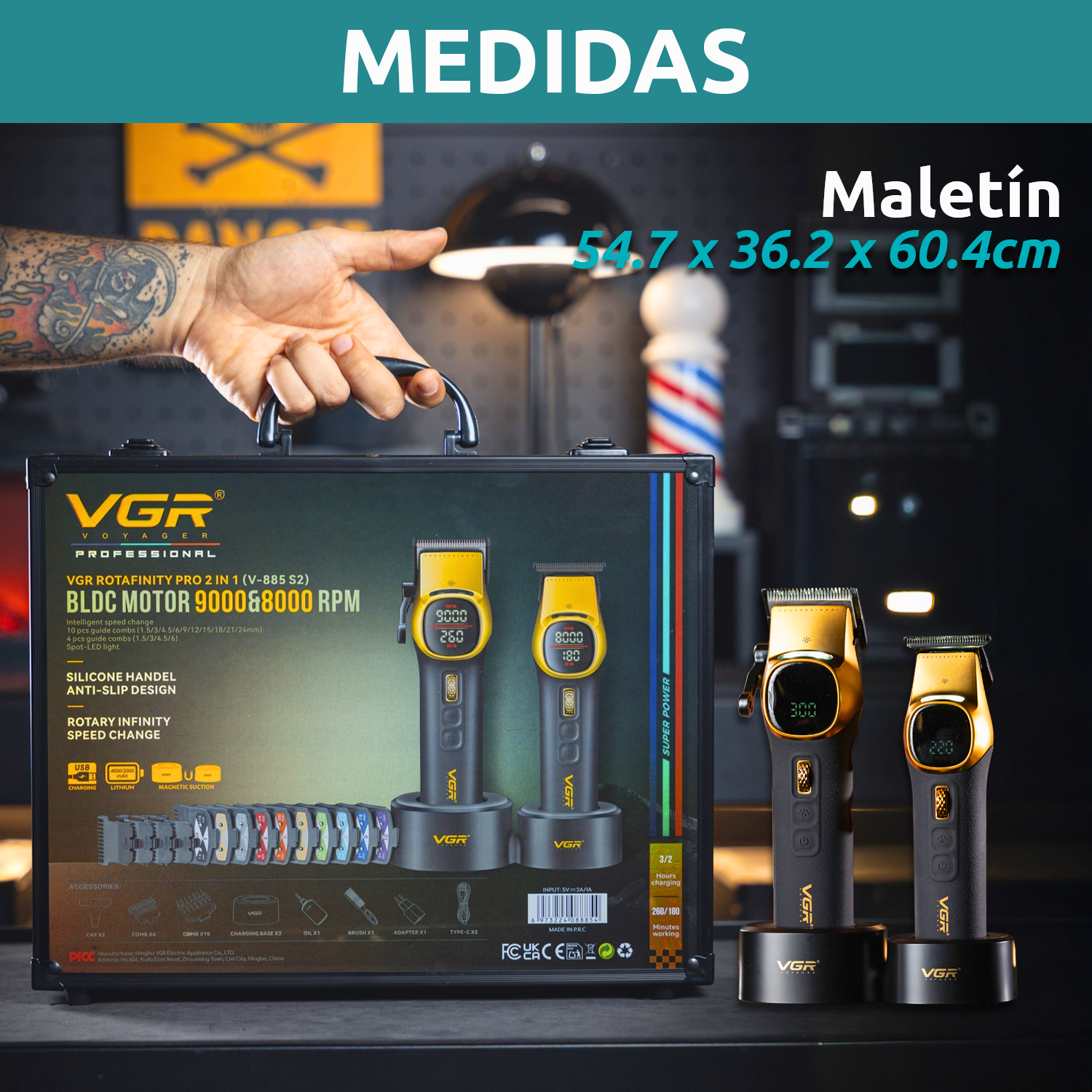 Barber Combo VGR Maquina Cortar Pelo Clipper + Trimmer Vgr V-885 S2 MALETA