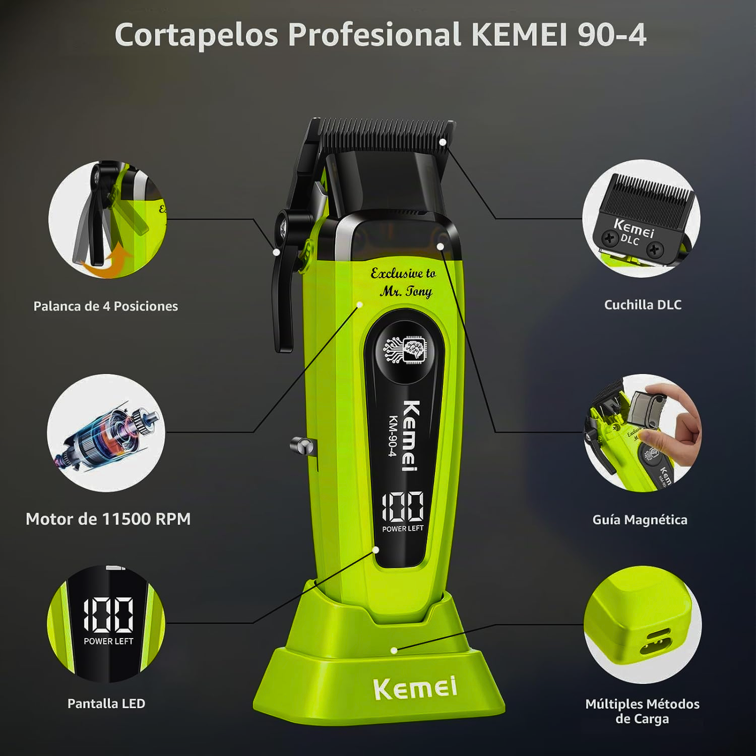 Máquina Cortadora De Pelo Kemei Km-90-4 11500 Rpm Cuchilla Dlc Verde Edición Especial