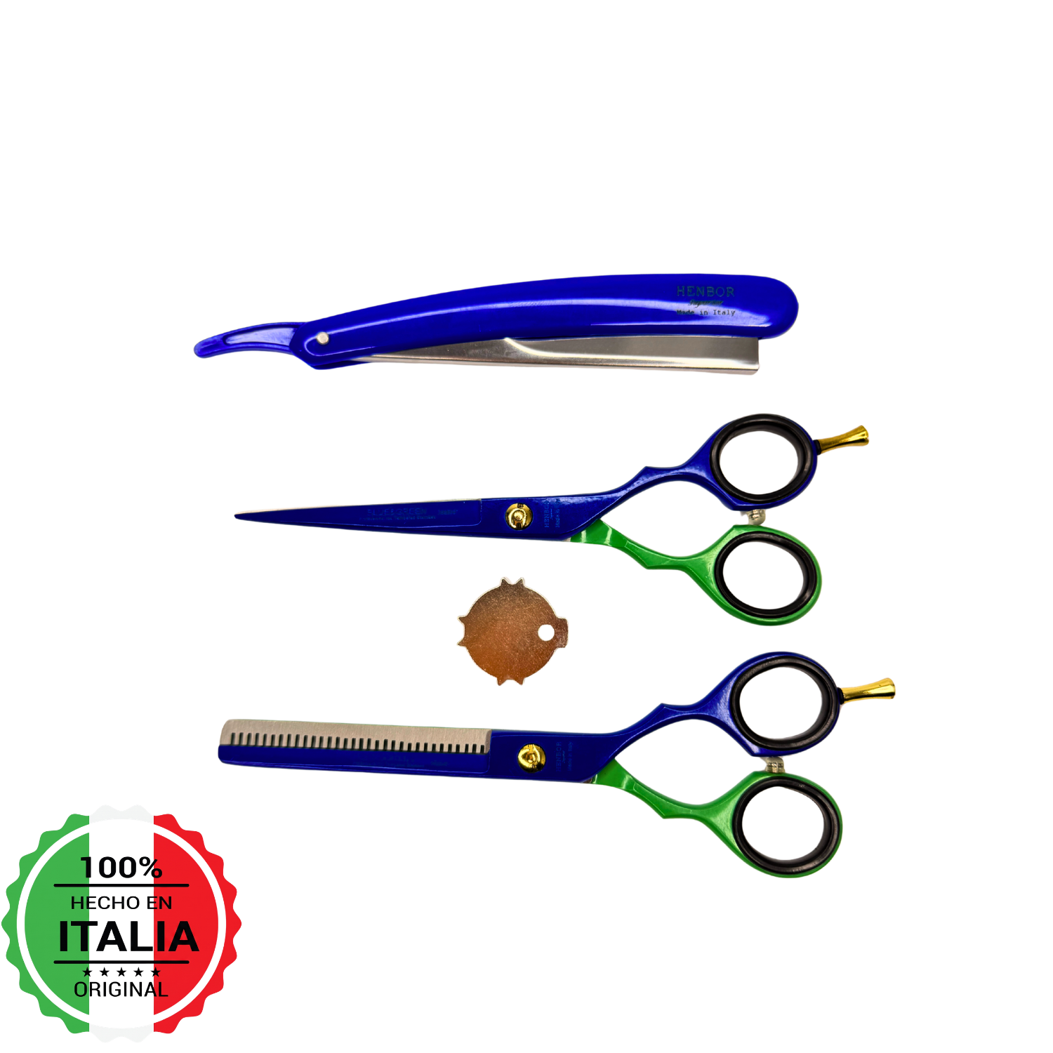 Set Tijeras Barbero Henbor 6 Microdentada + Esculpidora + Navaja Con Estuche