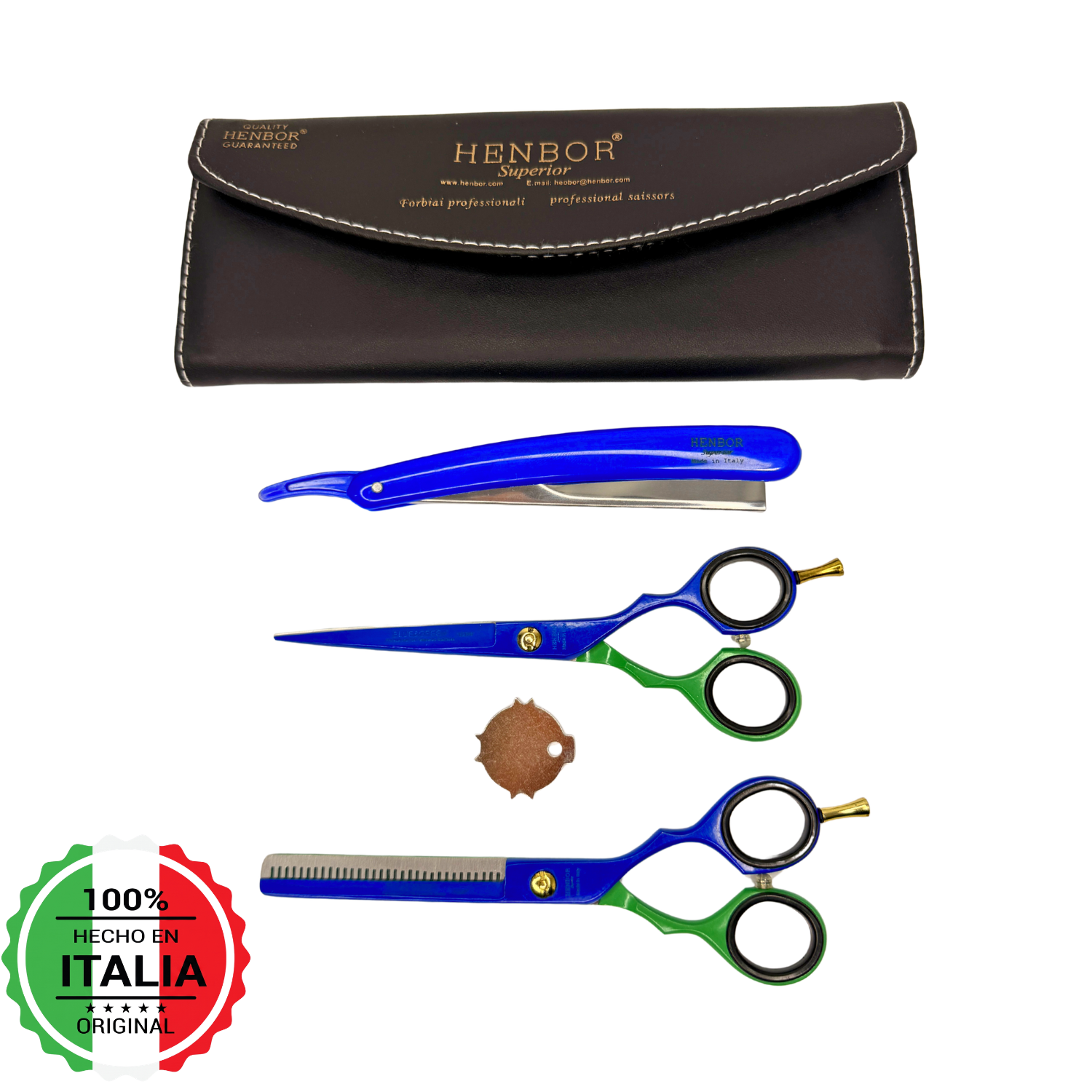 Set Tijeras Barbero Henbor 6 Microdentada + Esculpidora + Navaja Con Estuche