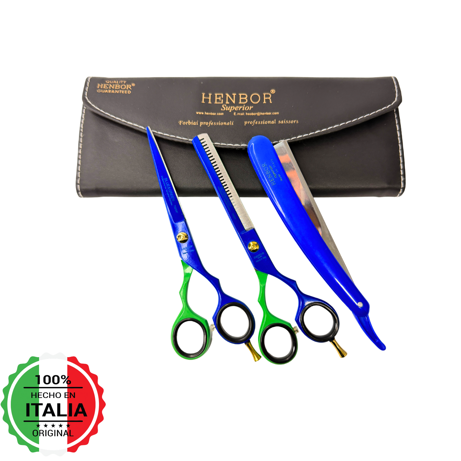 Set Tijeras Barbero Henbor 6 Microdentada + Esculpidora + Navaja Con Estuche