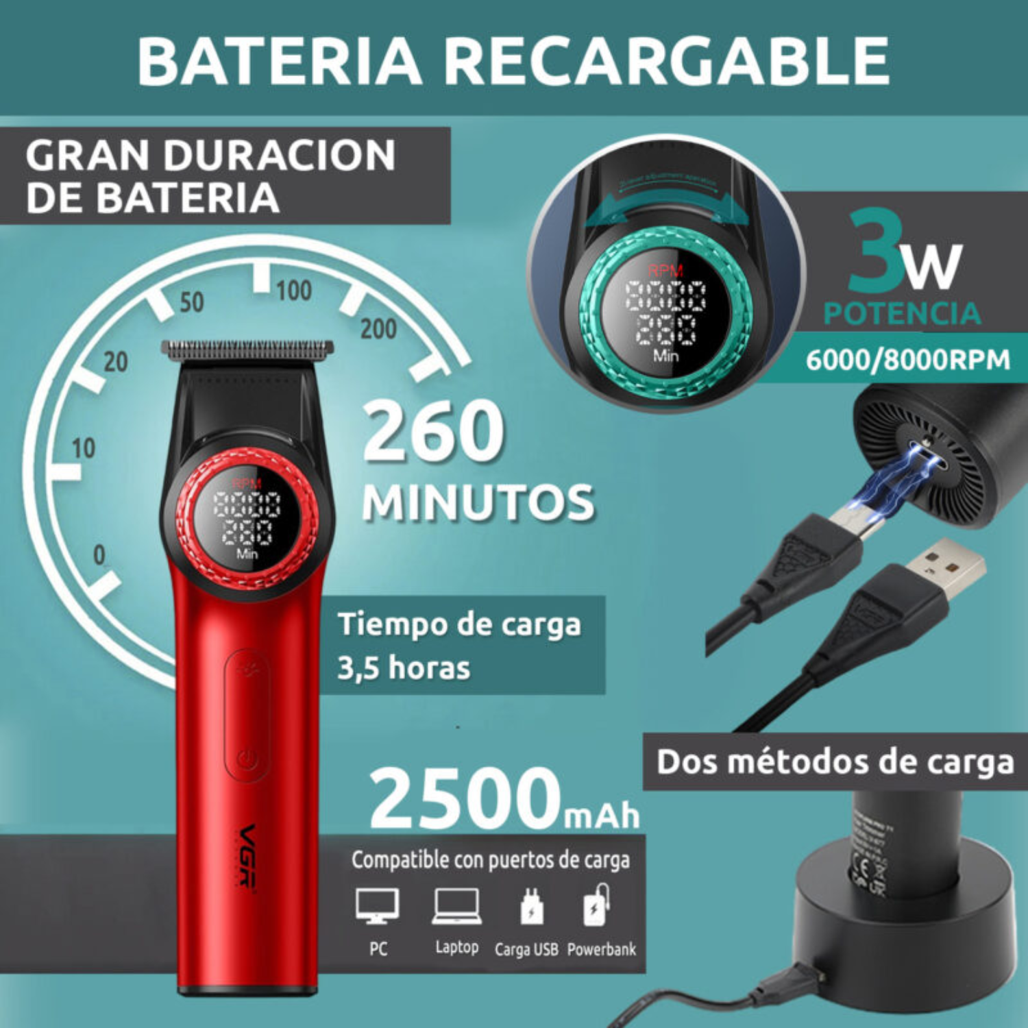 VGR Trimmer Profesional V977 Recargable 8000RPM Rojo