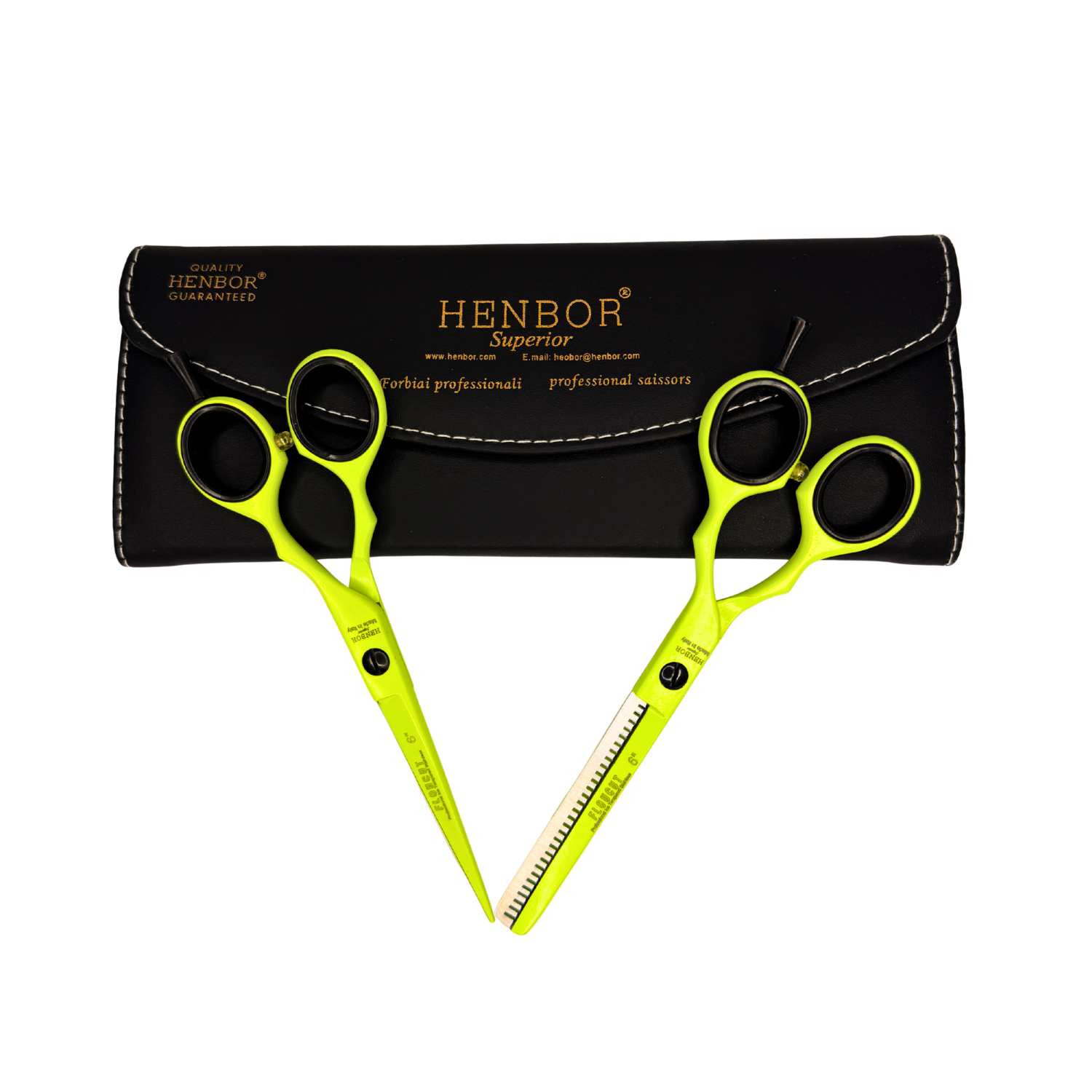Set Tijeras Peluquería Henbor 6 Pulgadas Microdentada y Esculpidora Neón
