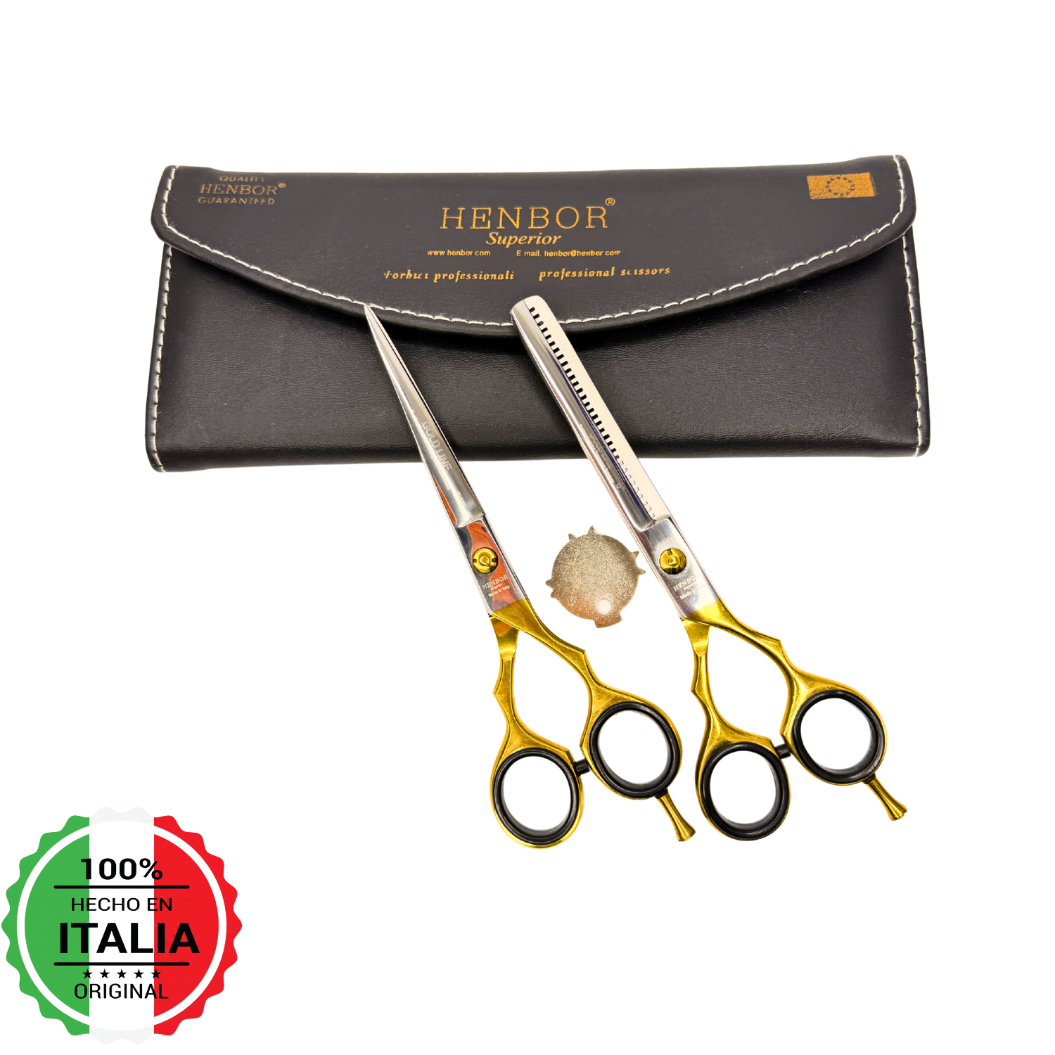 Kit Tijeras Peluquería Henbor Italia Dorada Microdentada Y Esculpidora Con Estuche