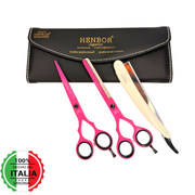 Kit Tijeras Peluquería Henbor 6 Microdentada Y Esculpidora Con Estuche Rosa