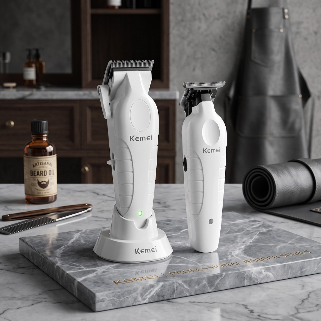 Combo Kemei Profesional Cortadora KM 2296 y Patillera KM 2299 Edicion Blanco