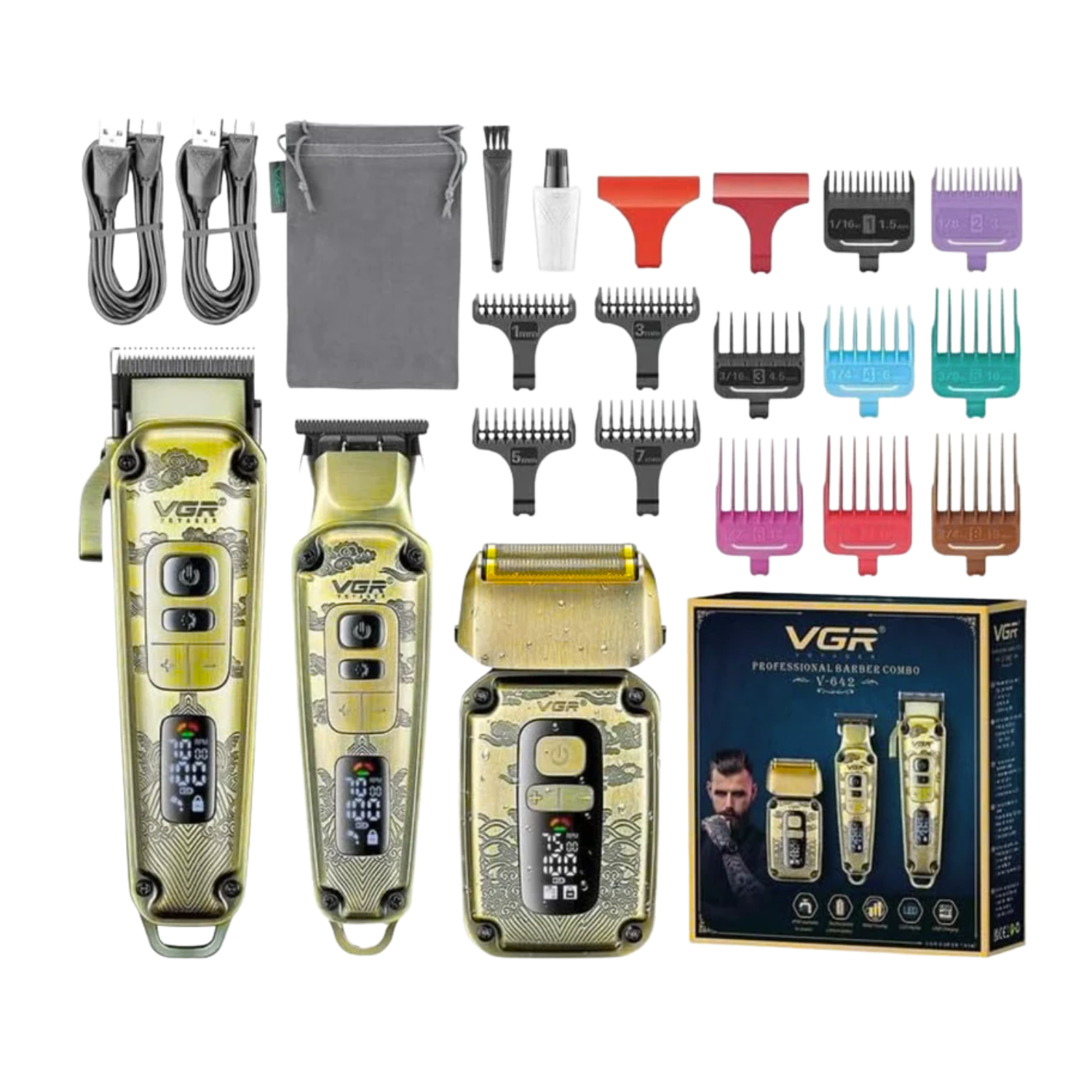 Kit Barbería VGR V-642 Dorado 3 En 1 Cortapelo Trimmer Afeitadora