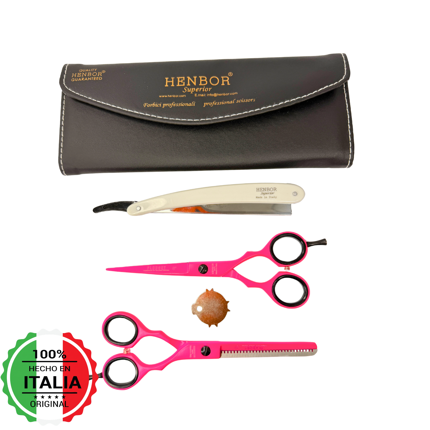 Kit Tijeras Peluquería Henbor 6 Microdentada Y Esculpidora Con Estuche Rosa