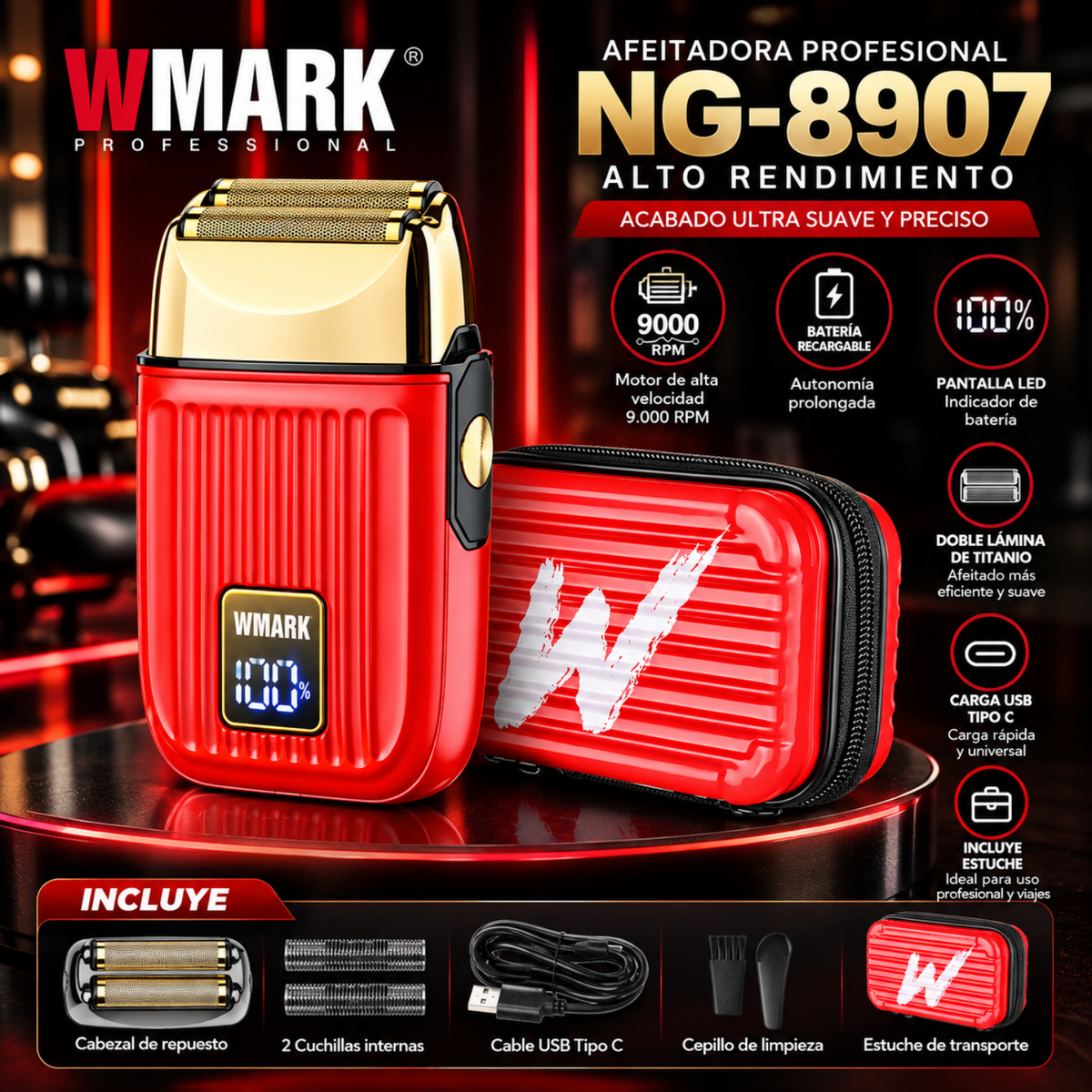 Afeitadora Profesional WMARK NG-8907 Inalámbrica 9000 RPM Rojo