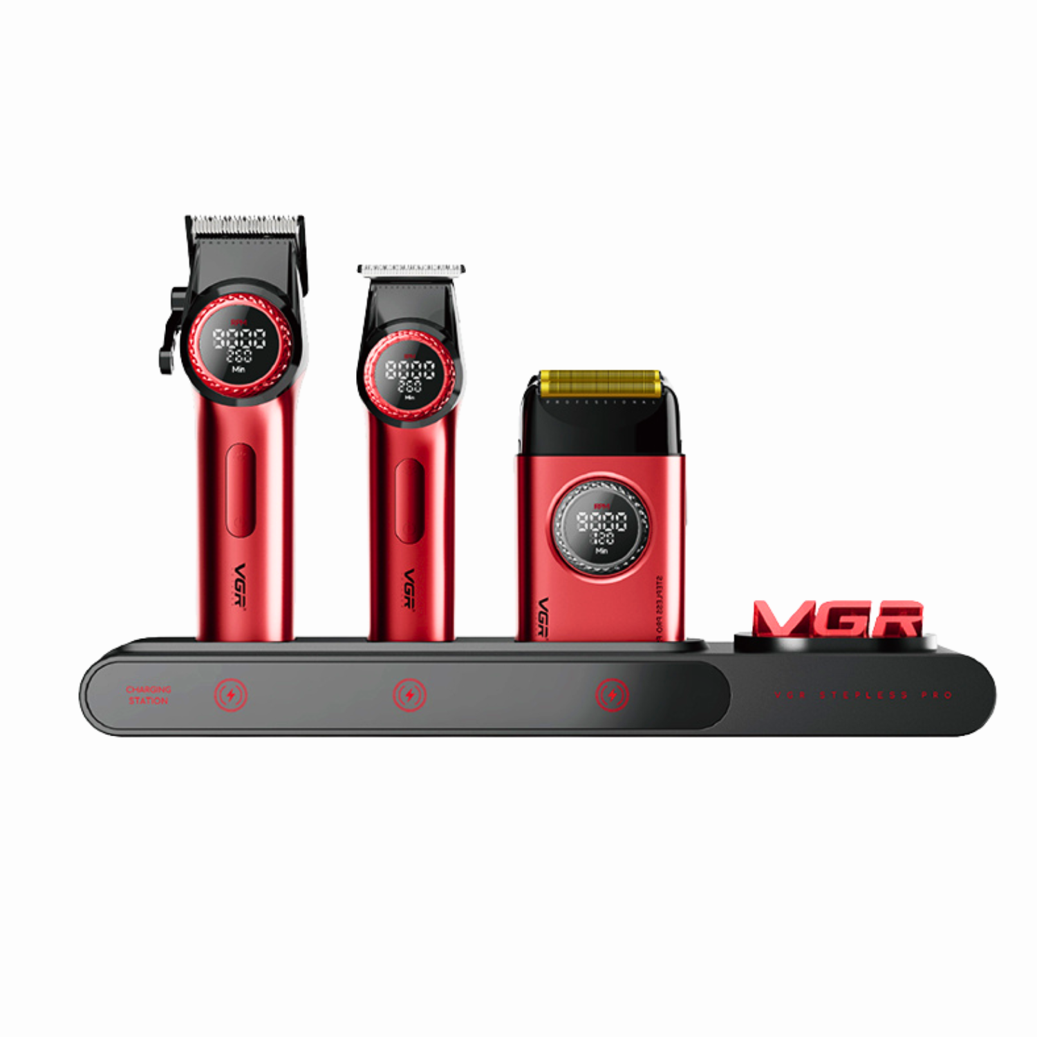 Barber Combo VGR Cortapelo, Patillera Y Afeitadora Stepless 3 ROJO