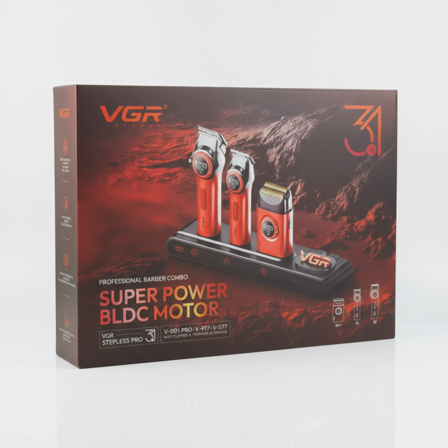 Barber Combo VGR Cortapelo, Patillera Y Afeitadora Stepless 3 ROJO