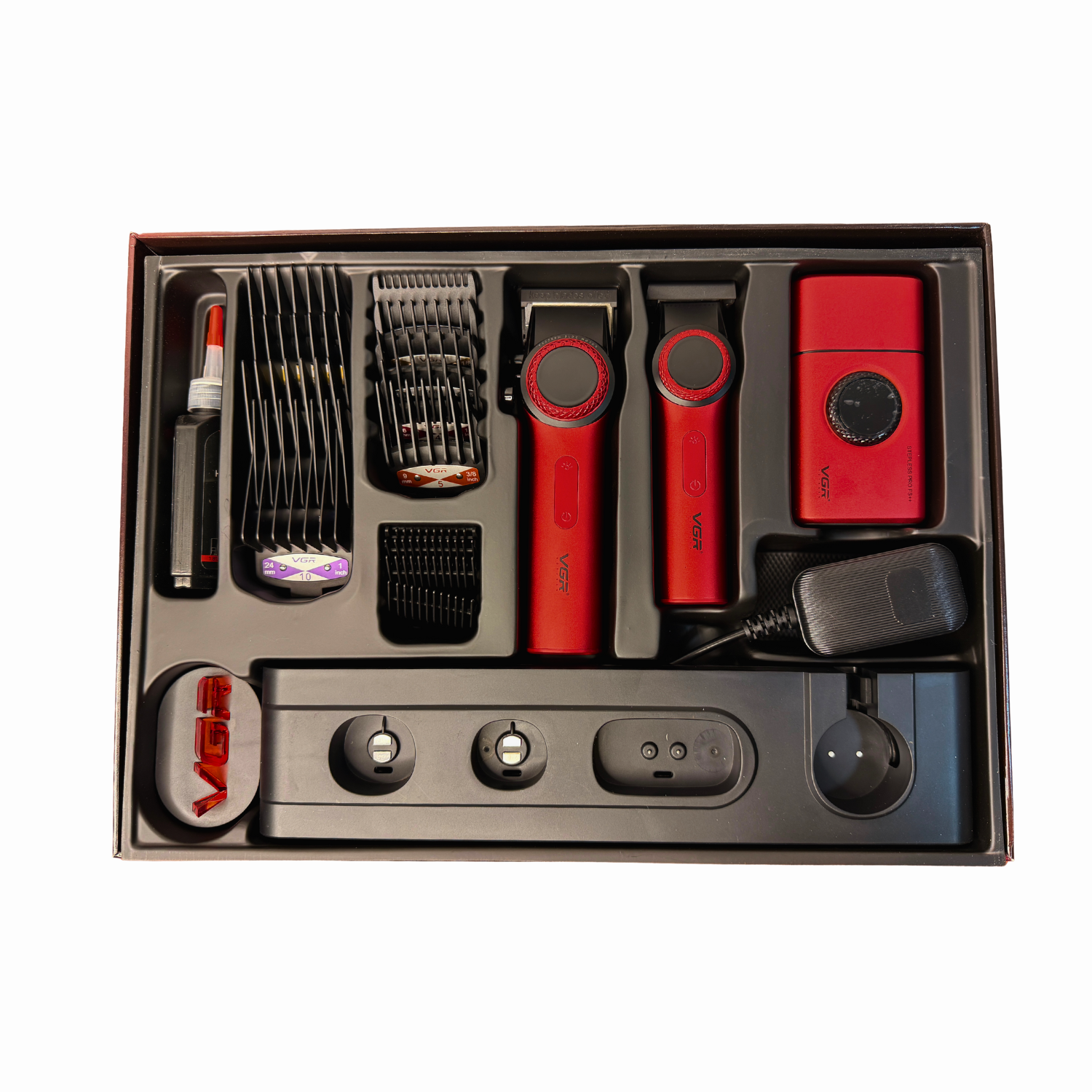 Barber Combo VGR Cortapelo, Patillera Y Afeitadora Stepless 3 ROJO