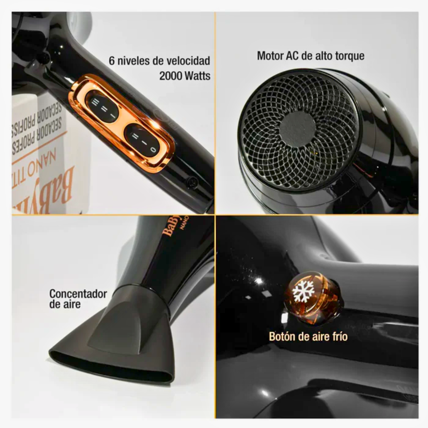 Secador de pelo BaBylissPRO Nano Titanium Gold Black 2000w - siemprecompra