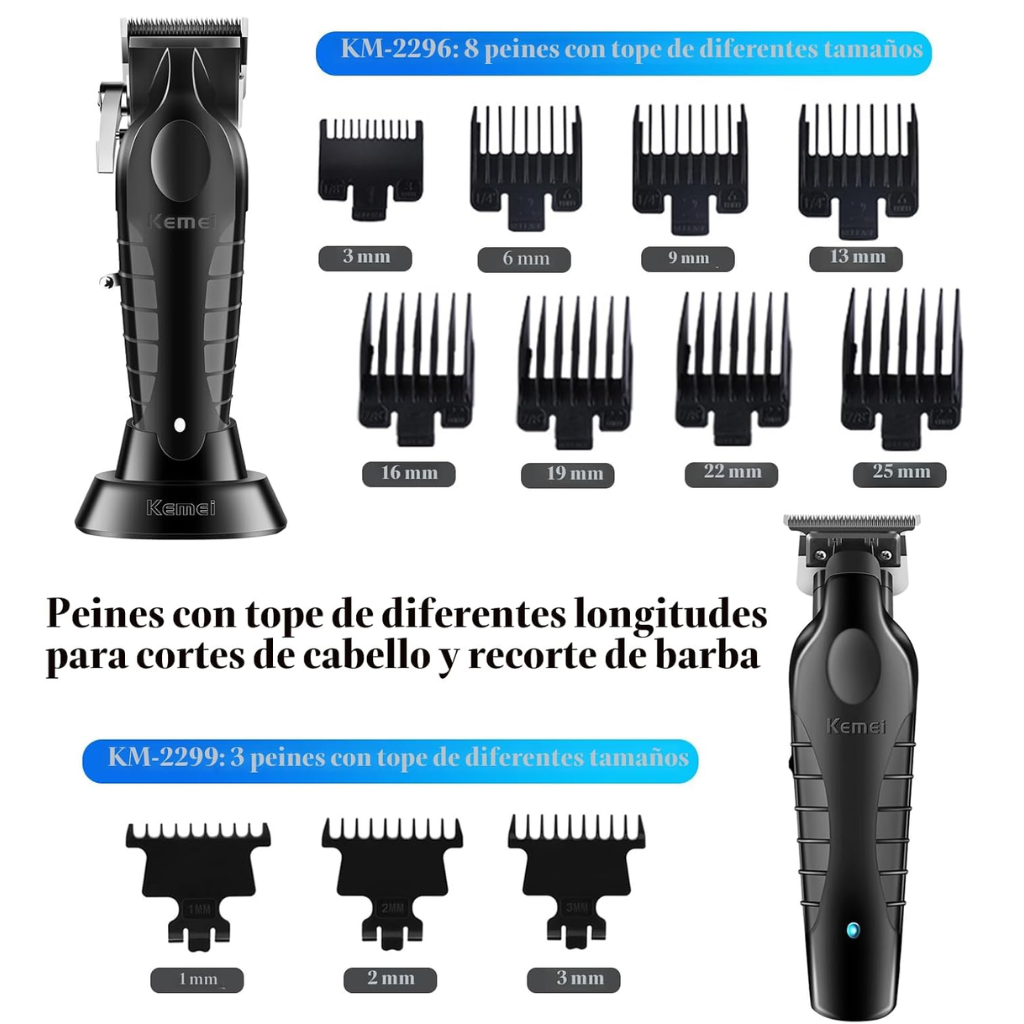 Kit Combo Cortadora de Pelo Profesional Kemei S9 KM-2296 + KM-2299 + KM-1102