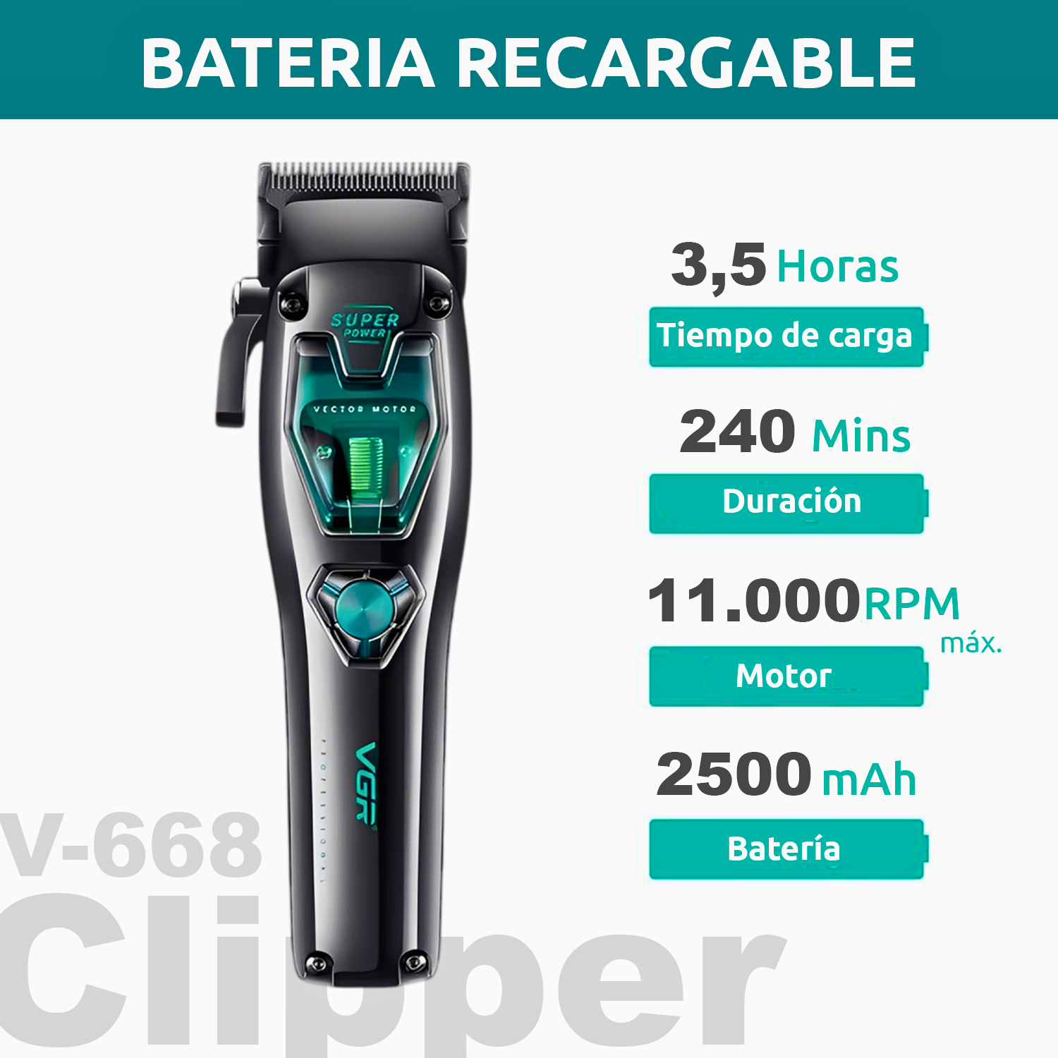 Máquina Profesional VGR V-668: Motor Vectorial 11.000 RPM - Inalámbrica - siemprecompra