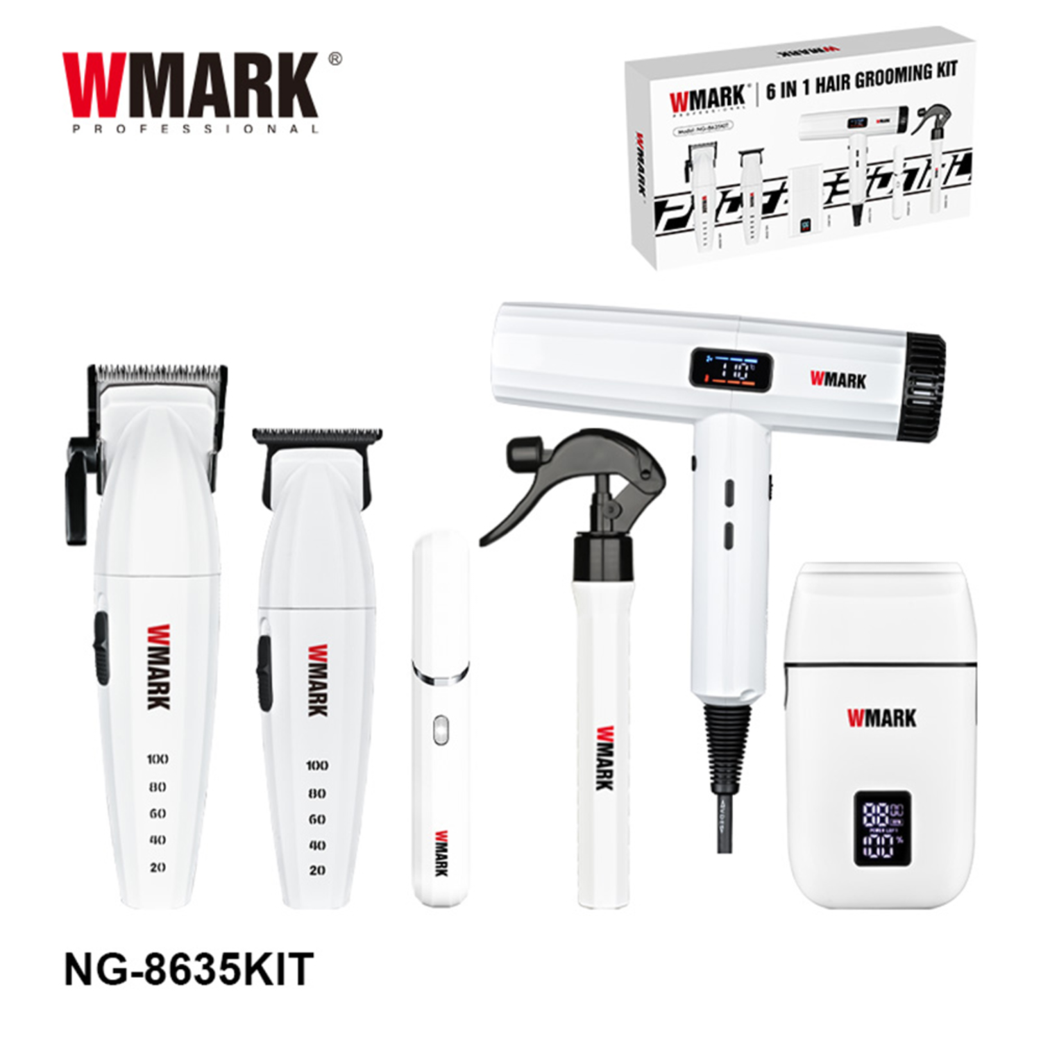 Wmark NG-8635 Kit Profesional 6 en 1 – Afeitadora, Cortapelos y Secador Blanco - siemprecompra