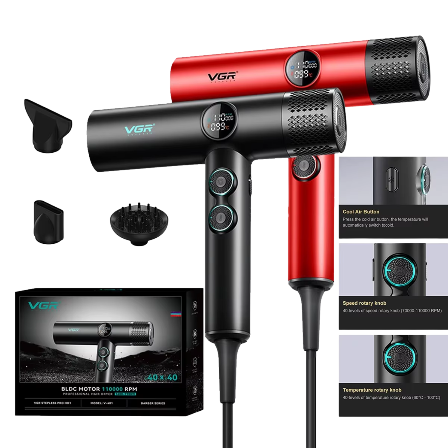 Secador De Pelo VGR Profesional V-401 110000rpm Frío Calor Negro