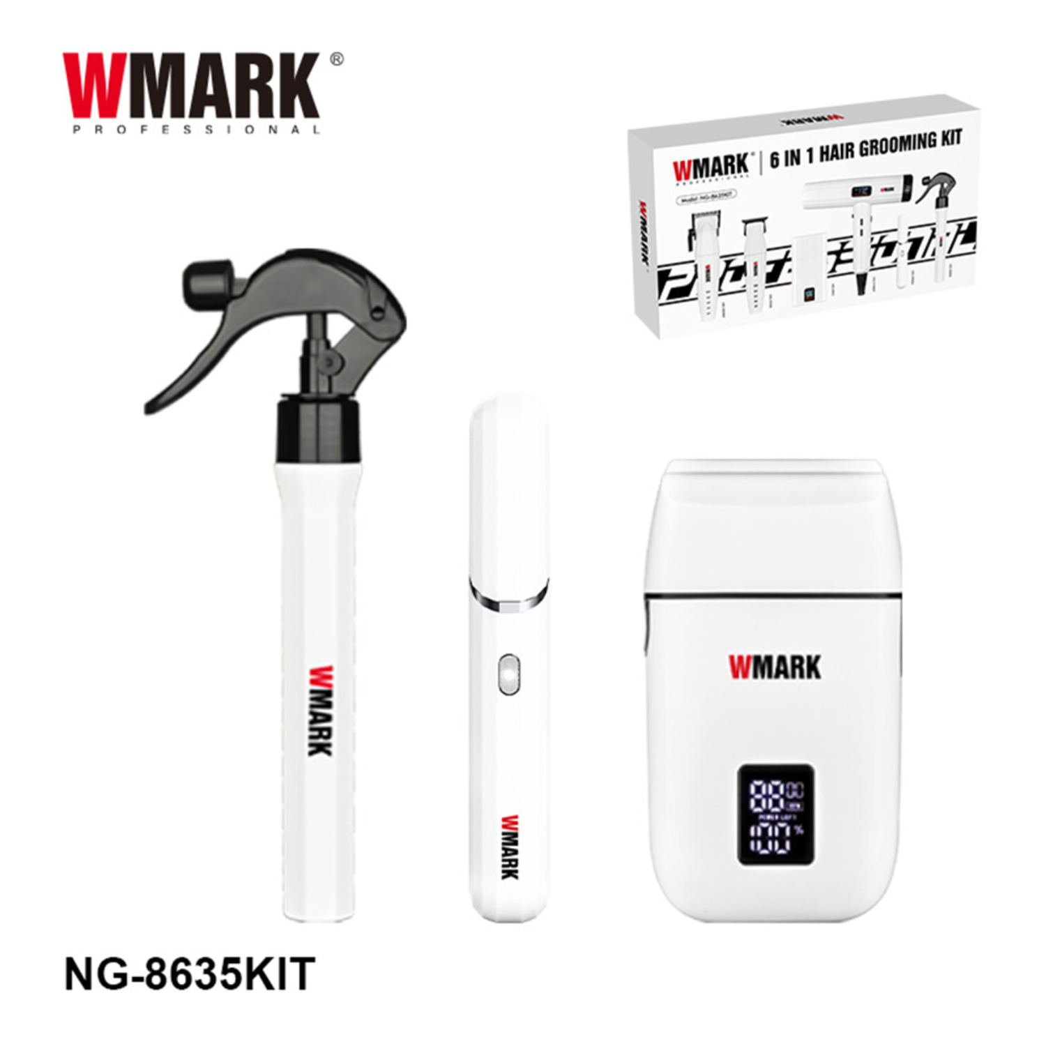 Wmark NG-8635 Kit Profesional 6 en 1 – Afeitadora, Cortapelos y Secador Blanco - siemprecompra