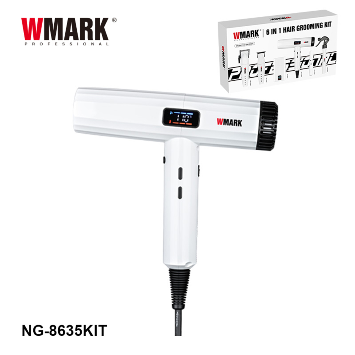 Wmark NG-8635 Kit Profesional 6 en 1 – Afeitadora, Cortapelos y Secador Blanco - siemprecompra