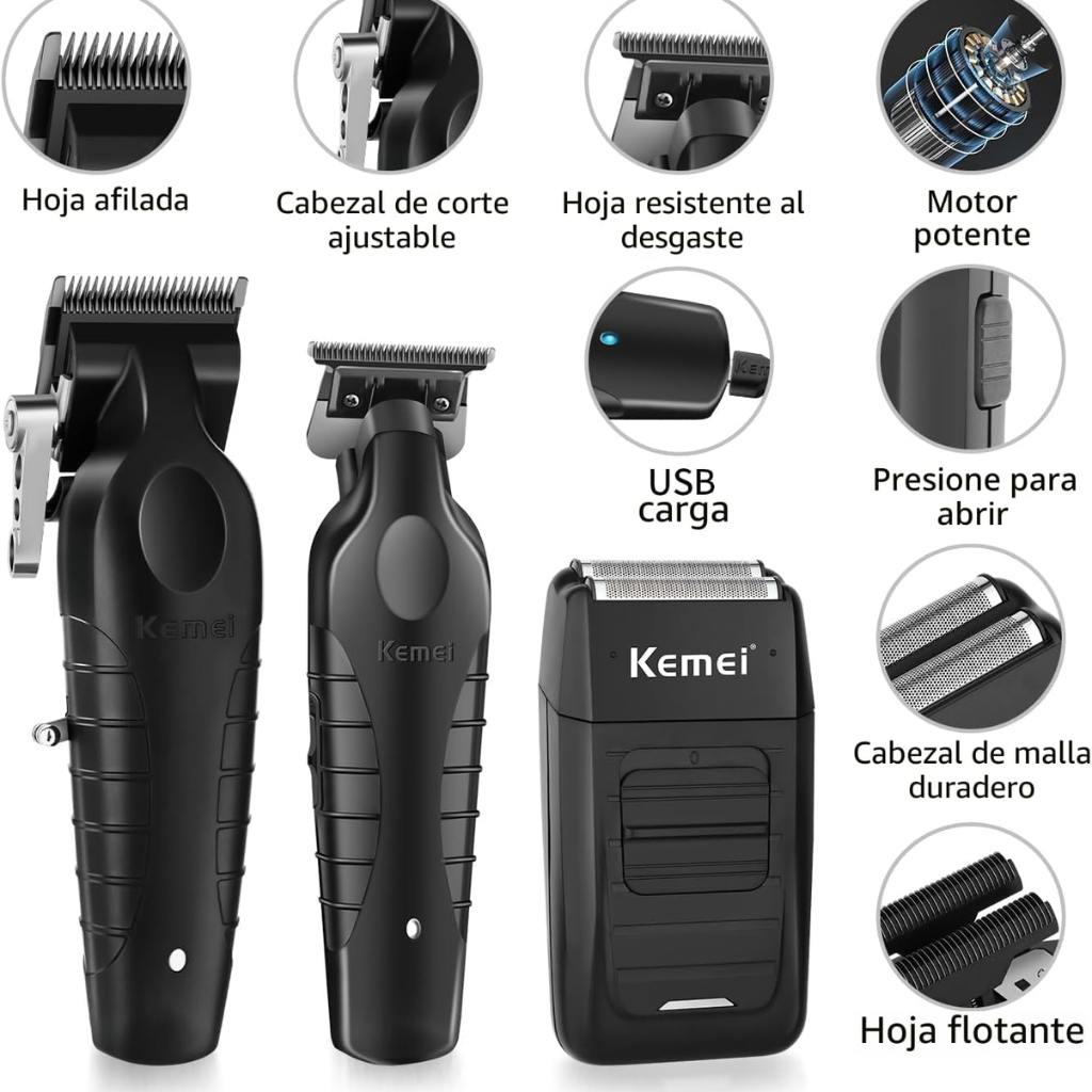 Kit Combo Cortadora de Pelo Profesional Kemei S9 KM-2296 + KM-2299 + KM-1102
