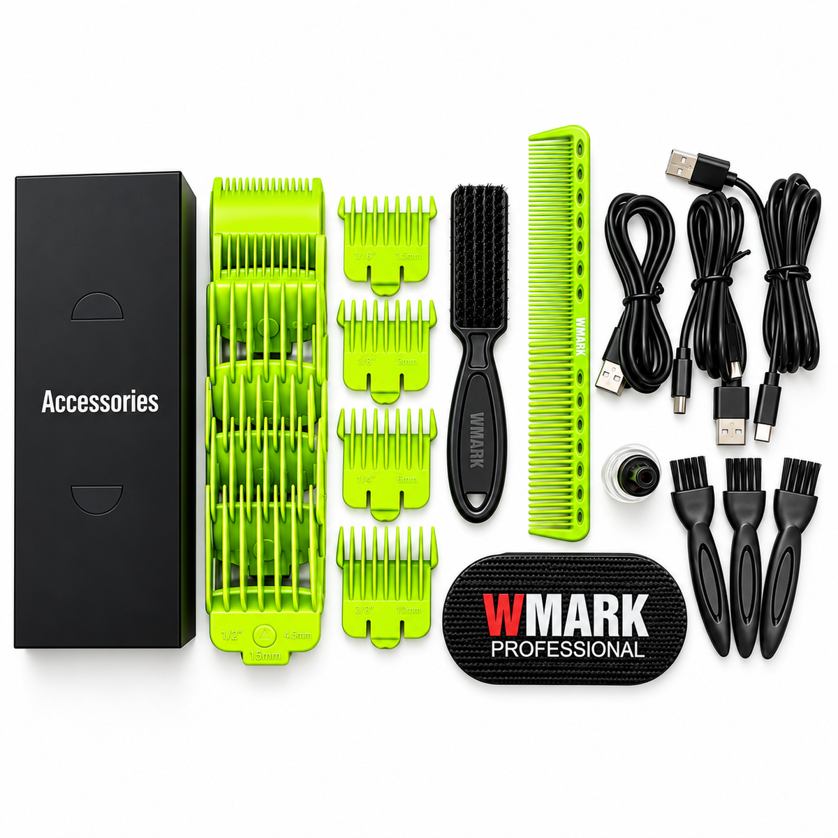 Kit de Barbería Profesional WMARK NG-1613 3 en 1 – Cortapelo, Patillera y Afeitadora Verde Neón