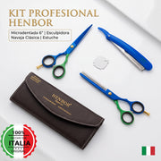 Set Tijeras Barbero Henbor 6 Microdentada + Esculpidora + Navaja Con Estuche