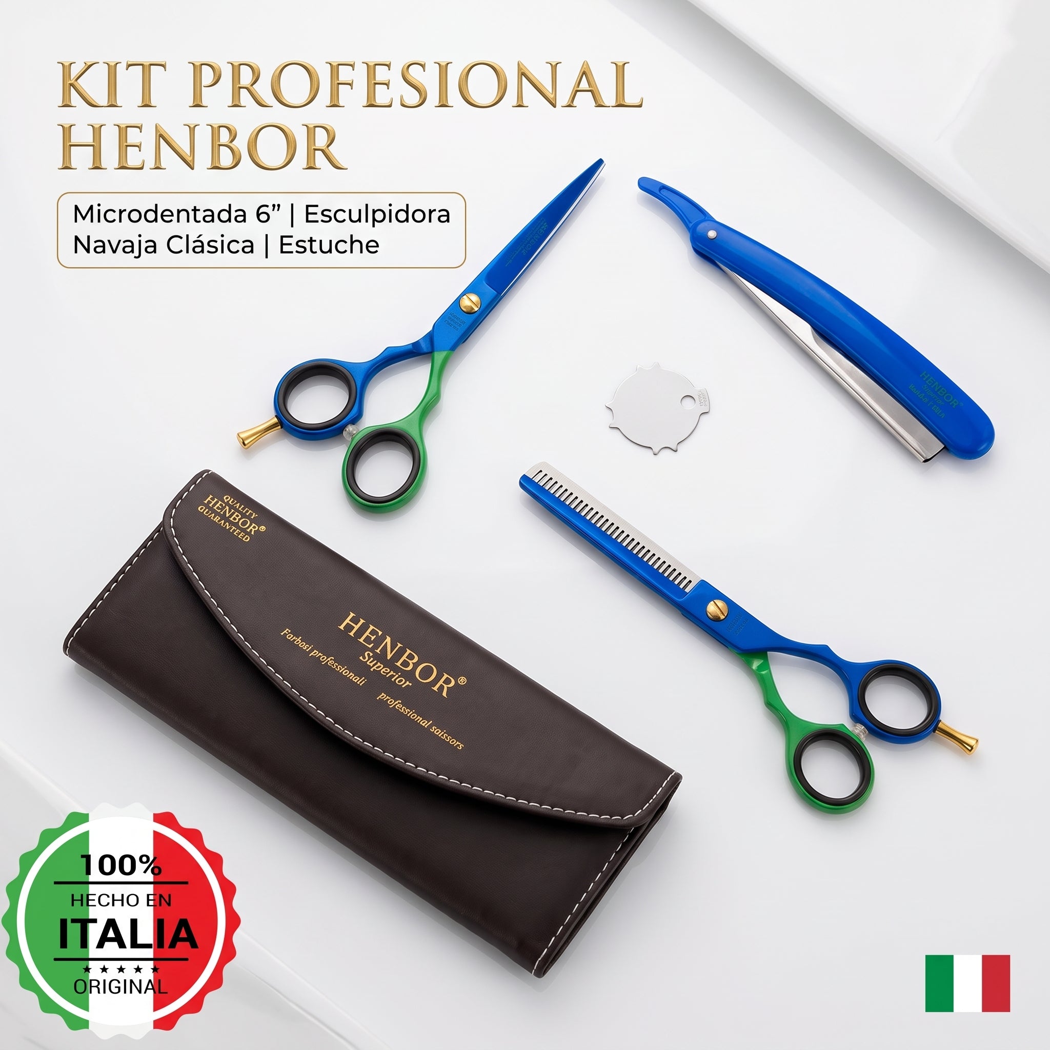 Set Tijeras Barbero Henbor 6 Microdentada + Esculpidora + Navaja Con Estuche