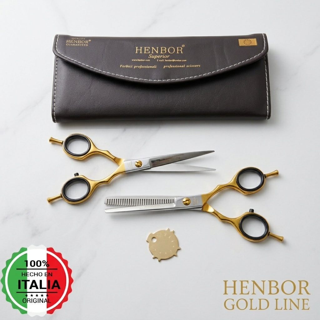 Kit Tijeras Peluquería Henbor Italia Dorada Microdentada Y Esculpidora Con Estuche