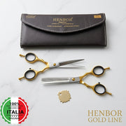 Kit Tijeras Peluquería Henbor Italia Dorada Microdentada Y Esculpidora Con Estuche