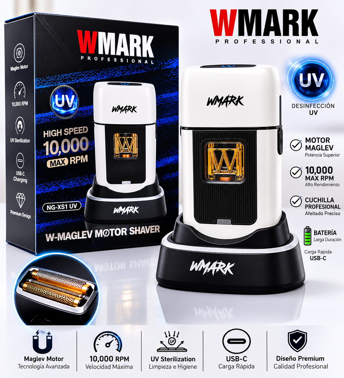 Wmark NG-XS1 Afeitadora Profesional Shaver Motor Vector 10000 RPM Blanco