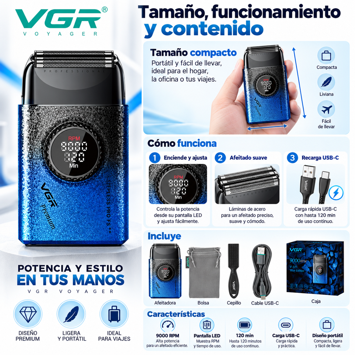 Afeitadora Eléctrica Profesional VGR V-377 Shaver de Titanio 9000 RPM – Edición Azul - siemprecompra
