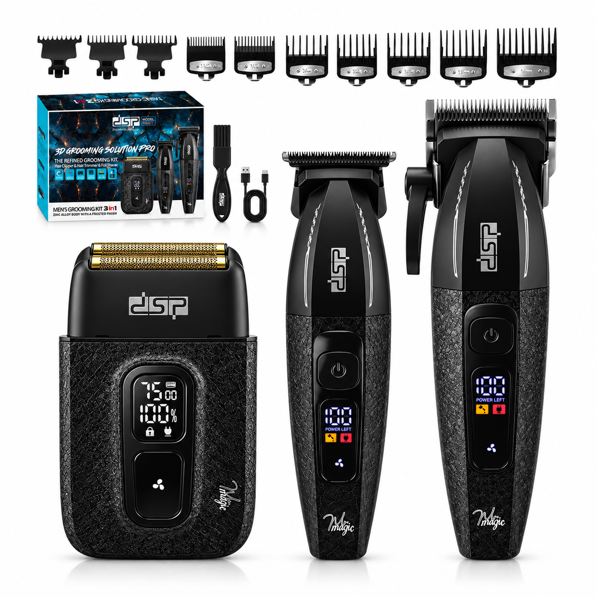 Kit Barbería Profesional DSP 80221 3 en 1 Cortadora, Patillera y Afeitadora Negro