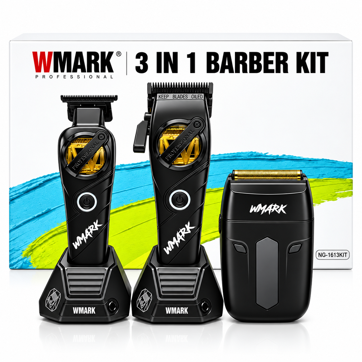 Kit de Barbería Profesional WMARK NG-1613 3 en 1 – Cortapelo, Patillera y Afeitadora Negro