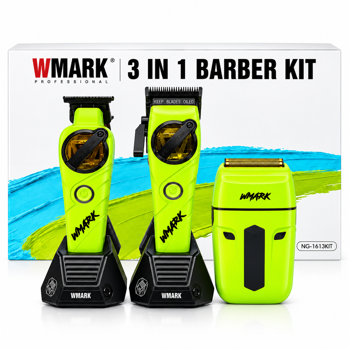 Kit de Barbería Profesional WMARK NG-1613 3 en 1 – Cortapelo, Patillera y Afeitadora Verde Neón