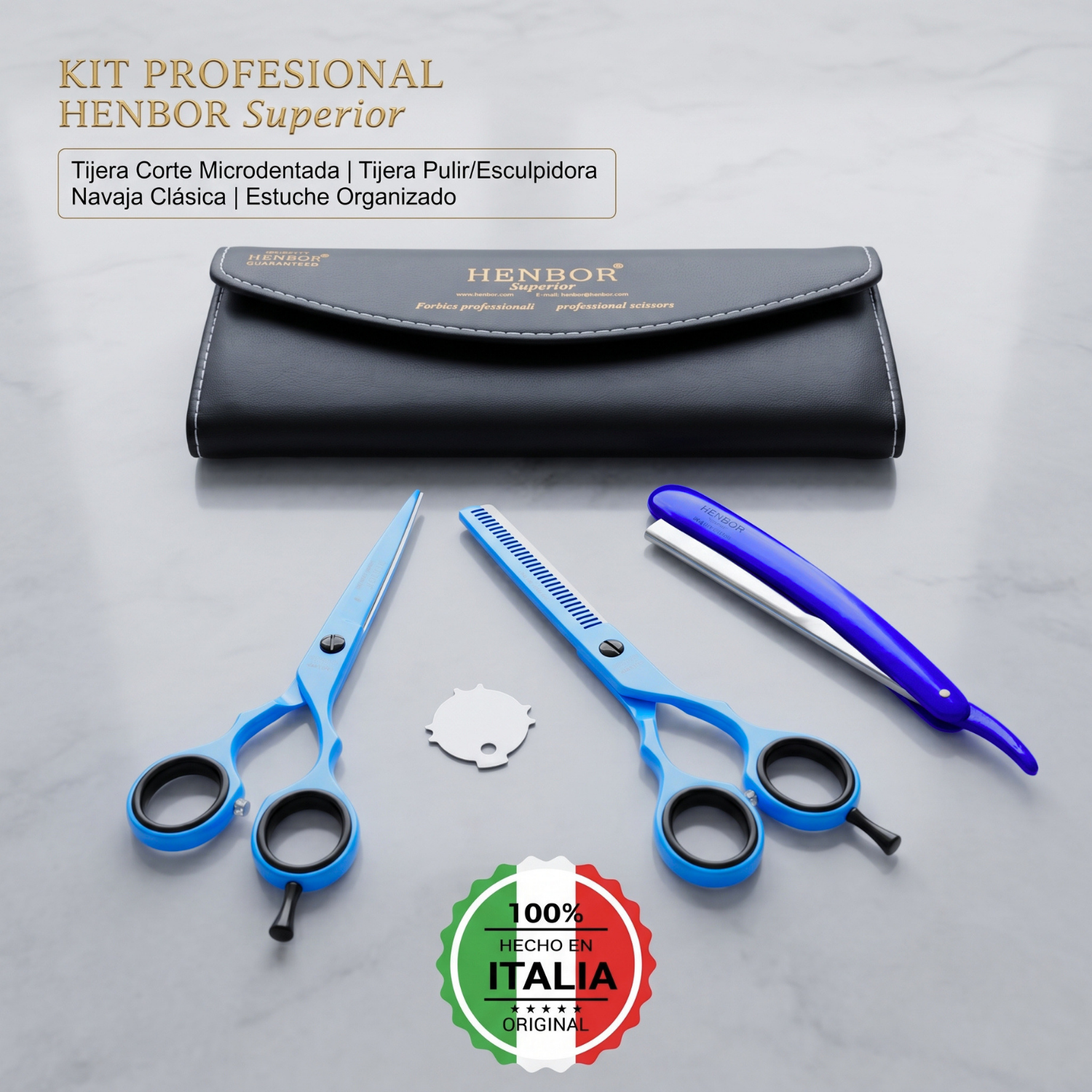 Kit Tijeras Peluquería Henbor 6 Microdentada Y Esculpidora Con Estuche