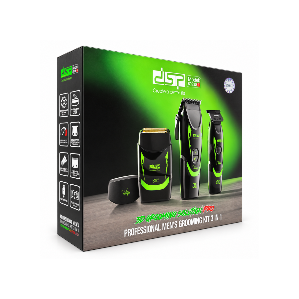 Kit de Barbería Profesional DSP 80230 3 en 1 con Cortapelo, Patillera y Afeitadora Negro