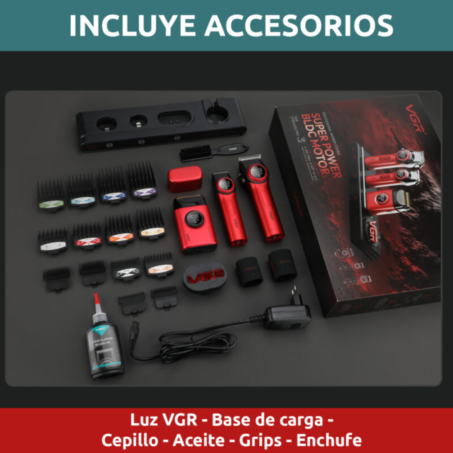 Barber Combo VGR Cortapelo, Patillera Y Afeitadora Stepless 3 ROJO