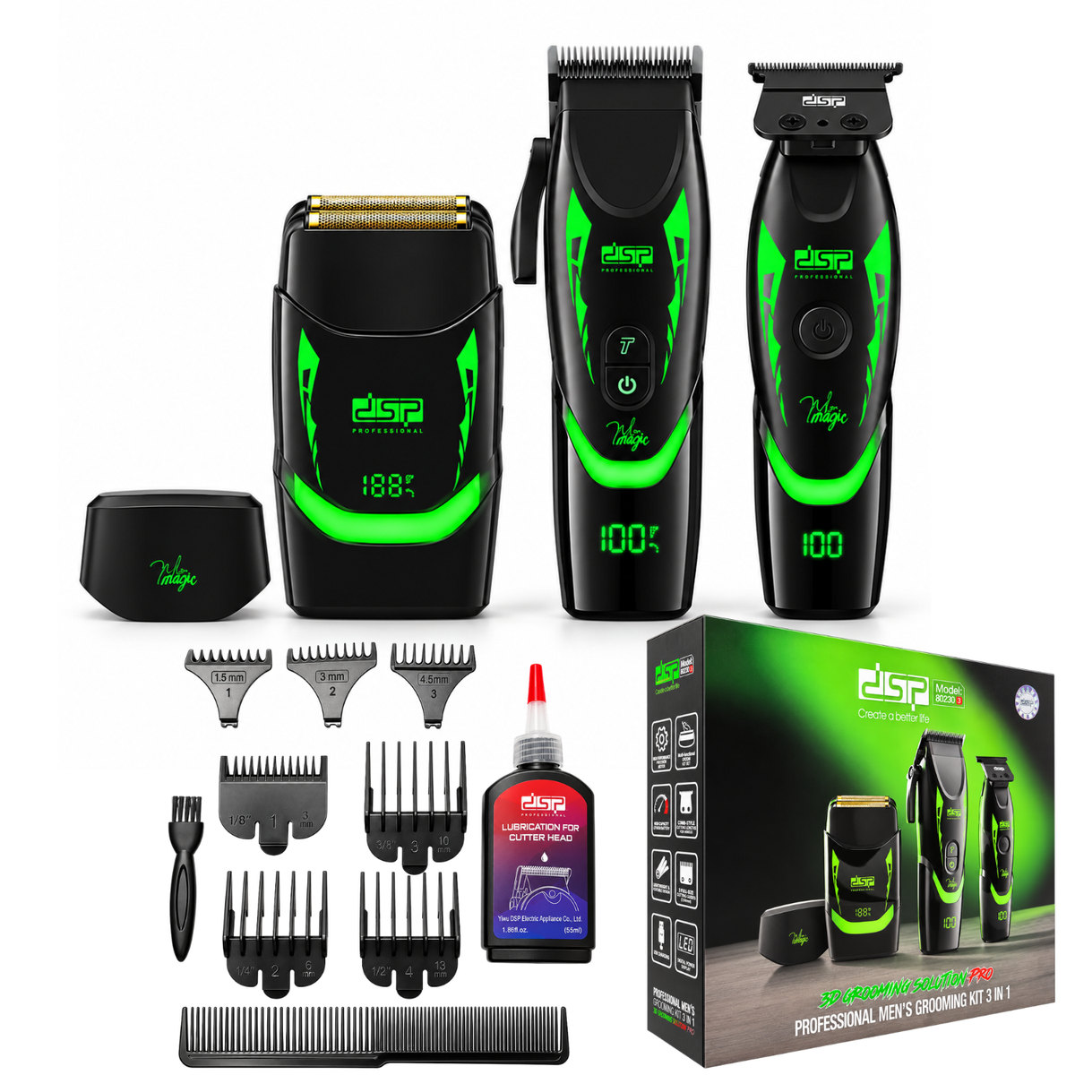 Kit de Barbería Profesional DSP 80230 3 en 1 con Cortapelo, Patillera y Afeitadora Negro