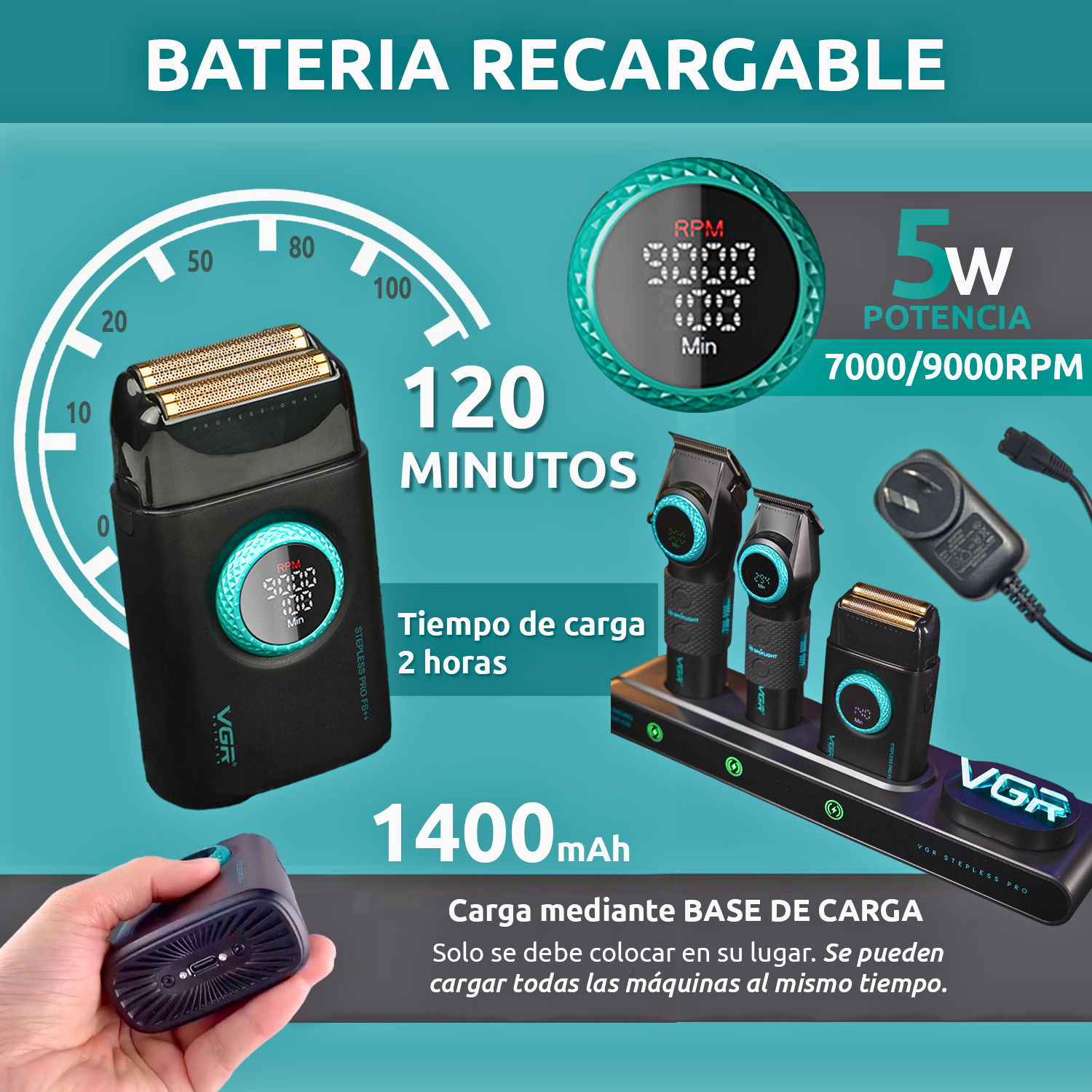 Barber Combo VGR Cortapelo, Patillera Y Afeitadora Stepless 3 Negro