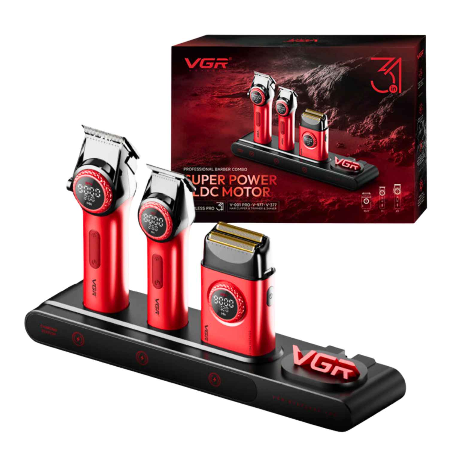 Barber Combo VGR Cortapelo, Patillera Y Afeitadora Stepless 3 ROJO