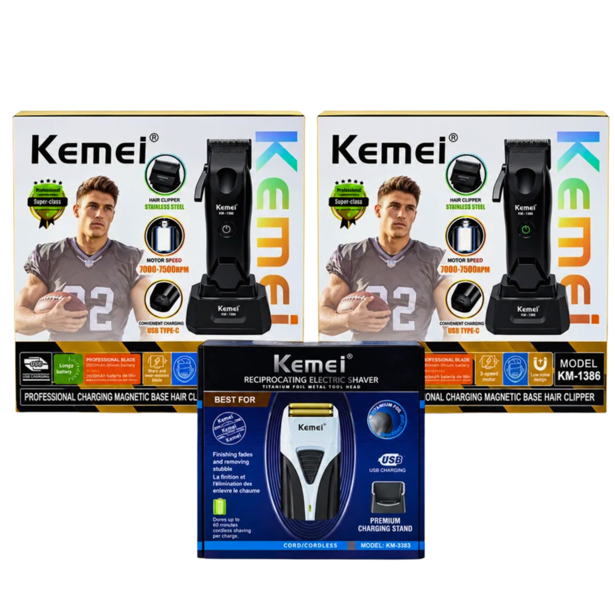 Combo Barbería Kemei KM-1386 + KM-1385 + Shaver KM-3383 con 3 Bases