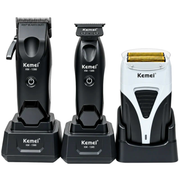 Combo Barbería Kemei KM-1386 + KM-1385 + Shaver KM-3383 con 3 Bases