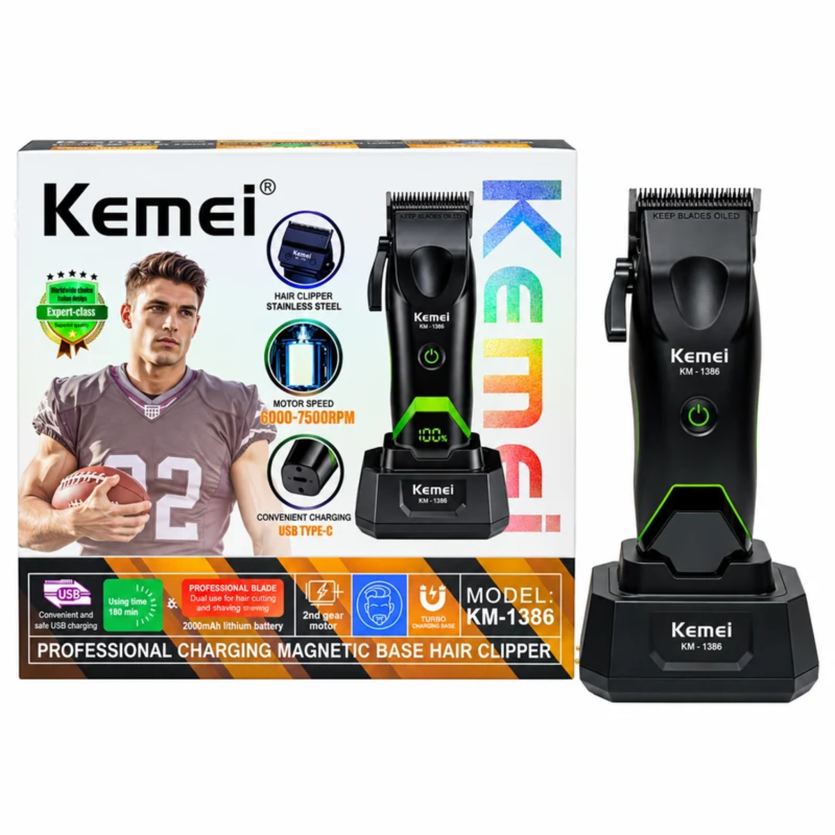 Combo Barbería Kemei KM-1386 + KM-1385 + Shaver KM-3383 con 3 Bases
