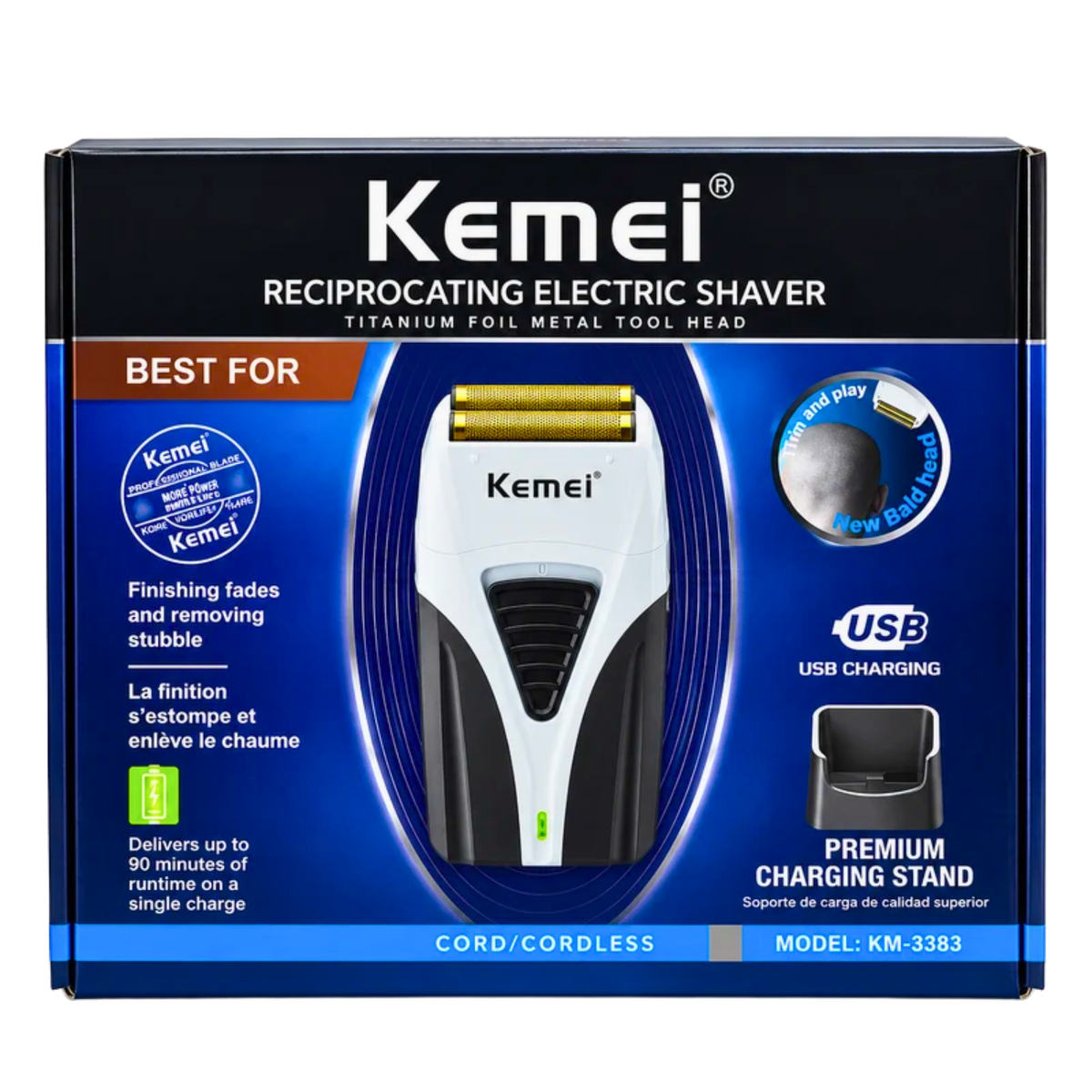 Combo Barbería Kemei KM-1386 + KM-1385 + Shaver KM-3383 con 3 Bases