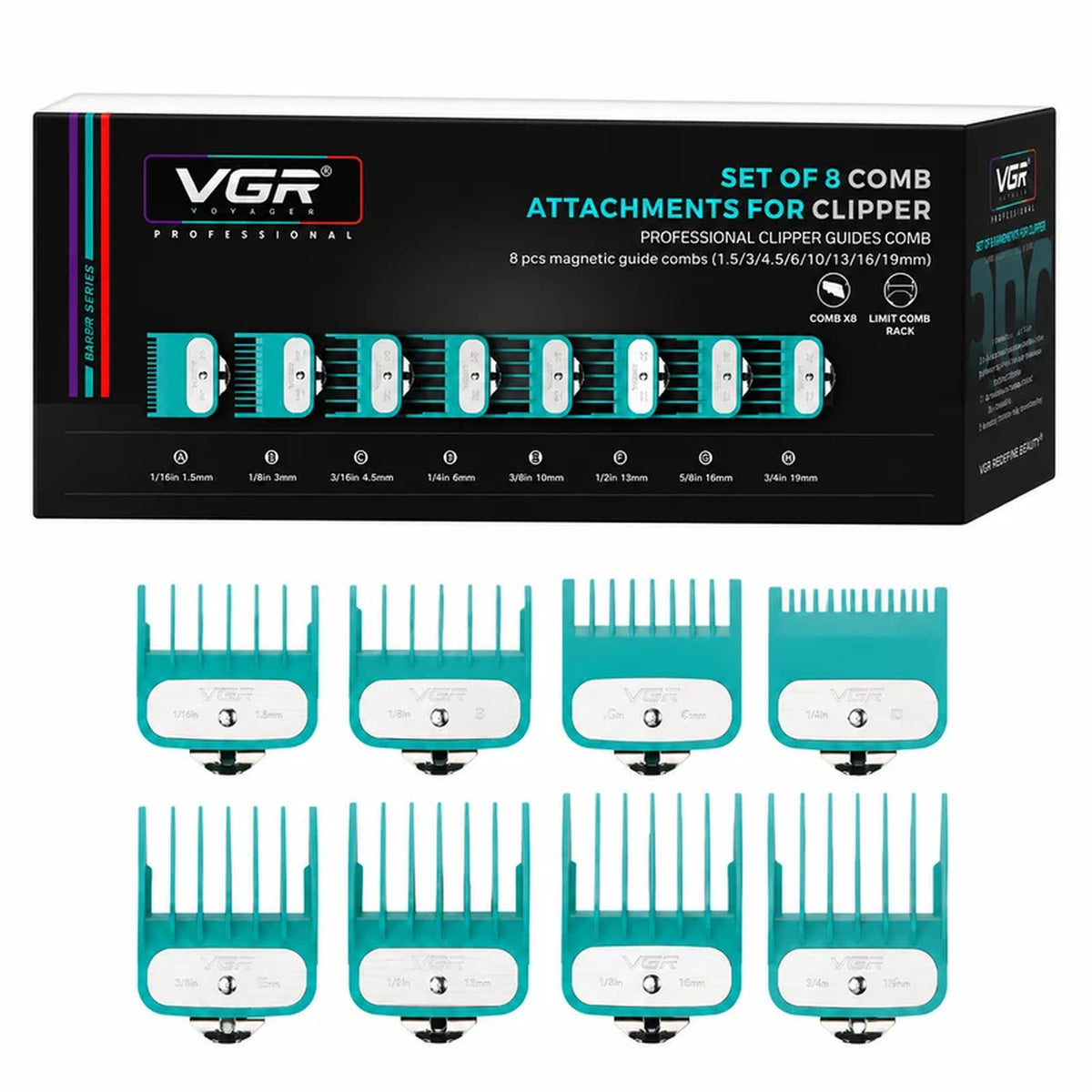 Set De 8 Peines Metálicos Profesionales VGR V-891 Para Clipper
